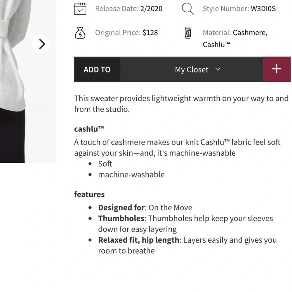 Lululemon Sincerely Yours Sweater White Women’s Size 12